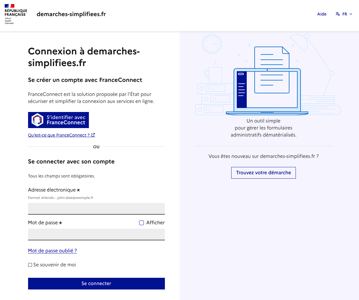 La page de connexion de demarches.numerique.gouv.fr